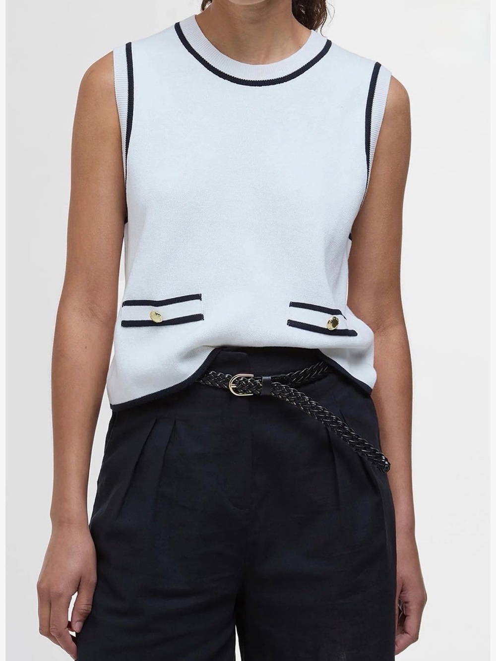 Barbour White Knit Sleeveless Top with Black Trim